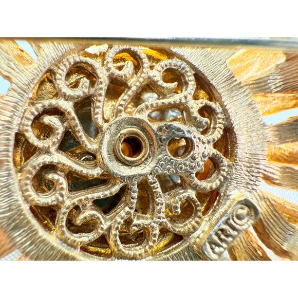 Vintage ART Brooch Signed Sunflower Faux Pearl Rhinestone Pin 1960s - Picture 5 of 9